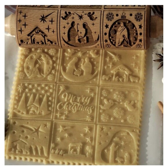Brand New Nativity Pattern Xmas Christmas Wooden Embossing Rolling Pin - Picture 2 of 7